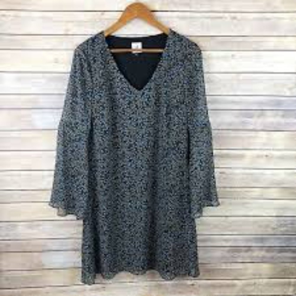 Cabi #3648 Floral Print Bell Sleeve Fall Poise Chiffon V Neck Dress Size Small